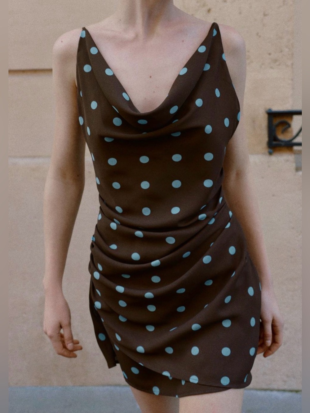 Zara Brown Mini Dress with Blue Polka Dots
